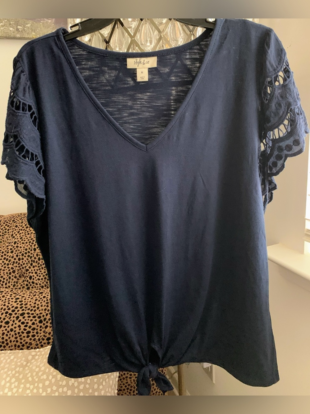 Style & Co. Navy V-Neck Tie-Hem Top with Crochet Short Sleeves